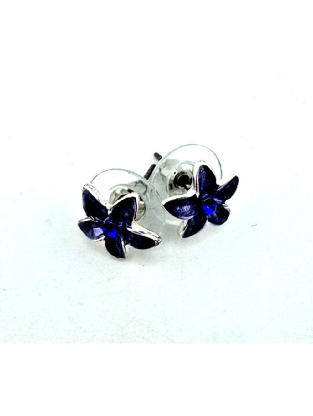 Silver Tone Flower Stud Earrings with Blue Crystal Center – Floral Jewelry